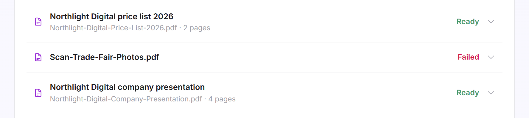 The document list with three entries, two of them Ready and one Failed