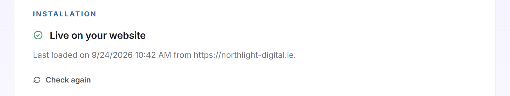 La carte Intégration avec une coche verte, le statut Actif sur ton site et l'heure du dernier chargement depuis northlight-digital.ie