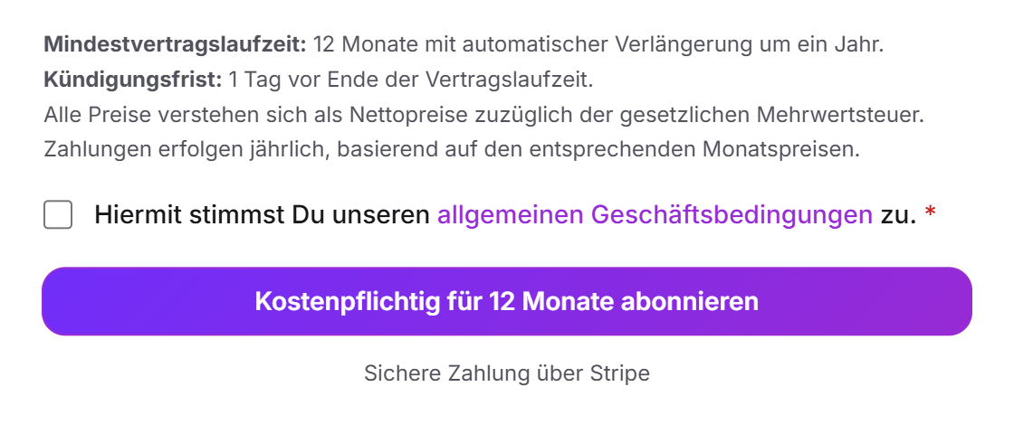 Der untere Teil des Zahlungsschritts mit Mindestvertragslaufzeit, Kündigungsfrist, dem Häkchen für die Geschäftsbedingungen und der Schaltfläche Kostenpflichtig für 12 Monate abonnieren