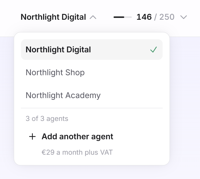 The Switch agent menu with 3 of 3 agents and the Add another agent button with its price line