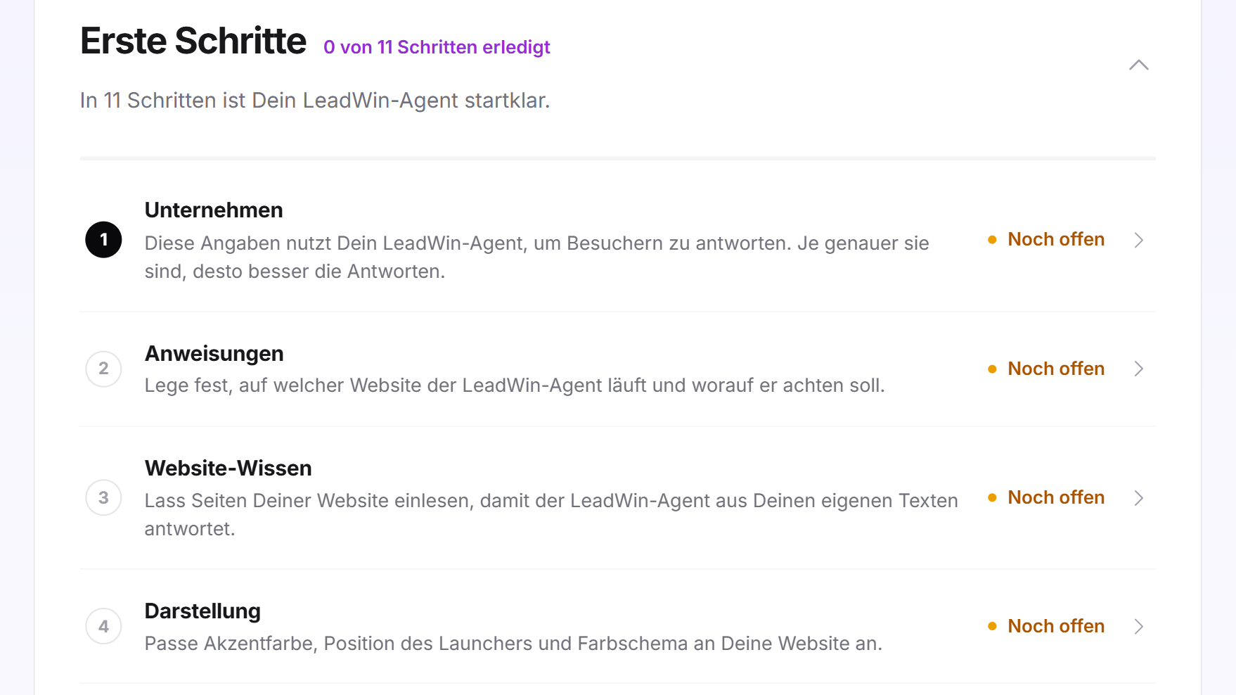 Die Checkliste Erste Schritte mit 0 von 11 erledigten Schritten, der Einleitung und den ersten vier Schritten
