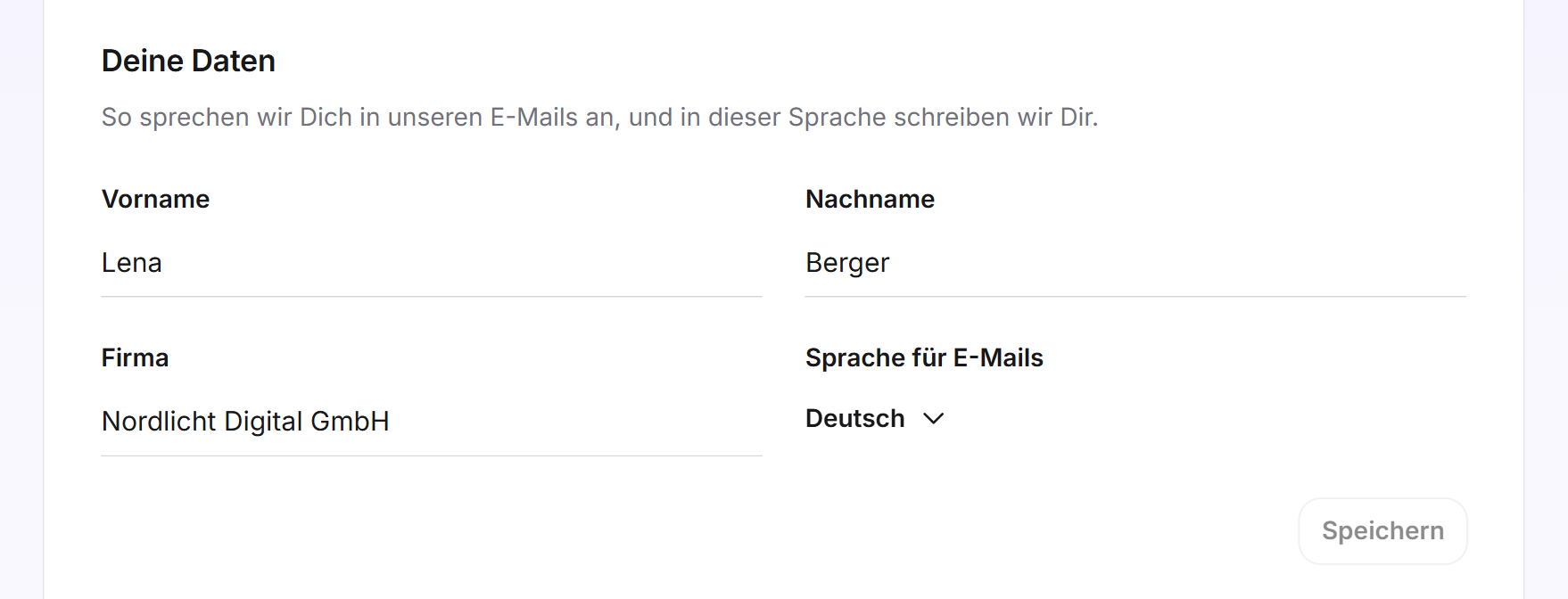 Die Karte Deine Daten mit Vorname Lena, Nachname Berger, Firma Nordlicht Digital GmbH und der Sprache für E-Mails