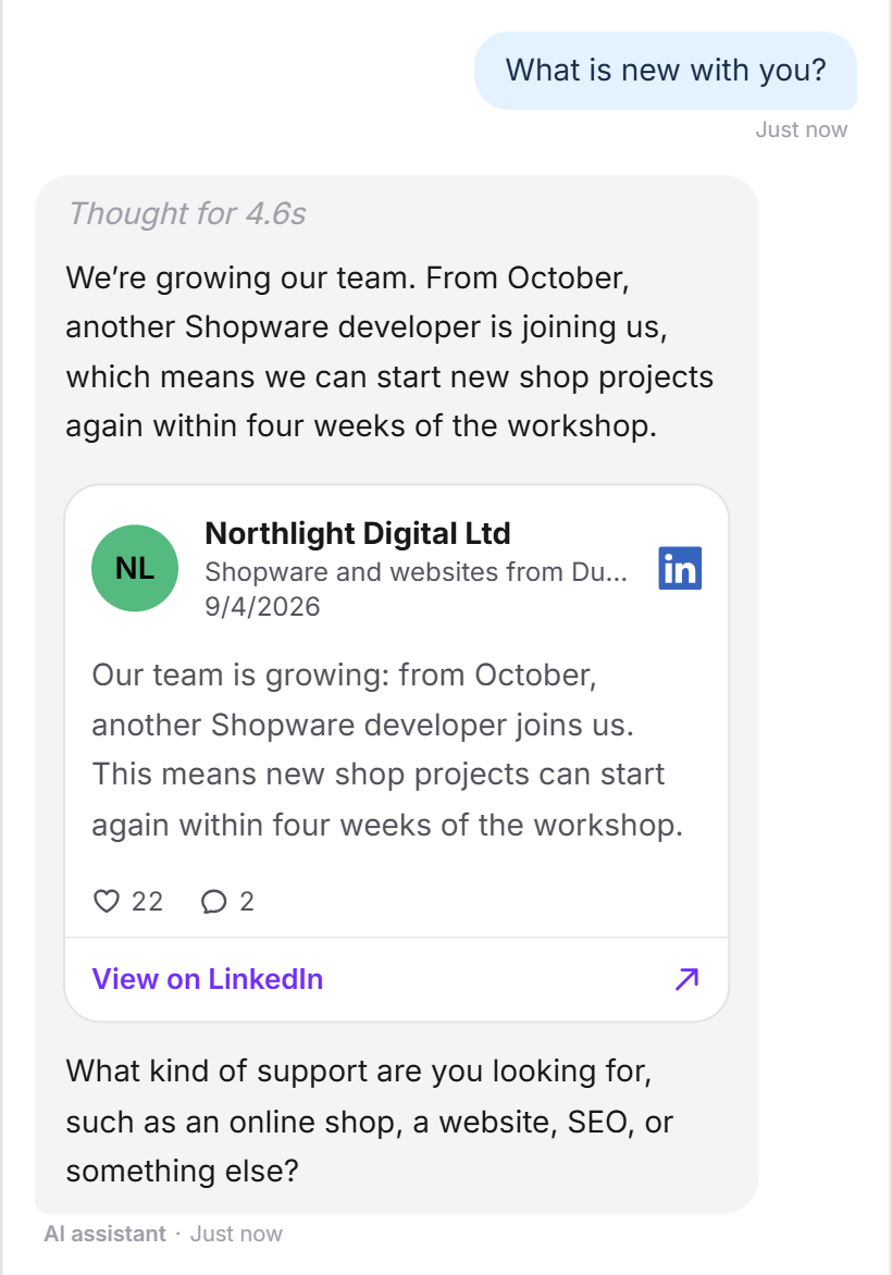 A visitor asks what is new. The LeadWin agent tells them about a new team member, shows the LinkedIn post about it as a card and asks what the visitor is looking into