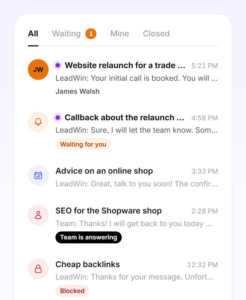 The conversation list in the Inbox with the tabs All, Waiting, Mine and Closed and five conversations