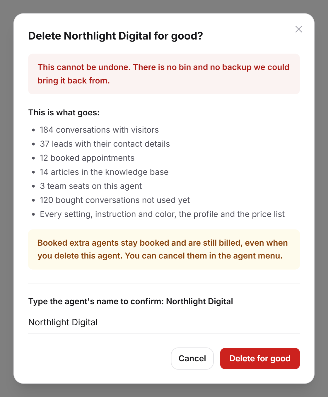 The dialog Delete Northlight Digital for good with the warning, the This is what goes list and the typed name