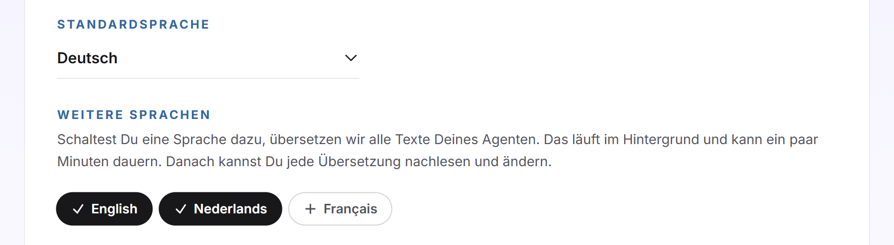 Die Standardsprache Deutsch und darunter die eingeschalteten weiteren Sprachen English und Nederlands