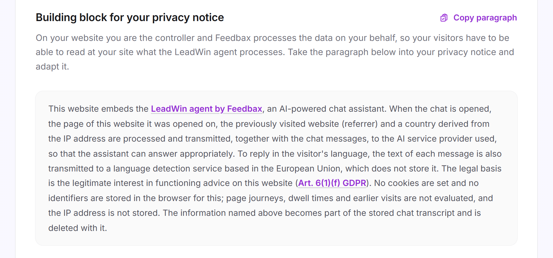 The Building block for your privacy notice card with the paragraph on the chat and the Copy paragraph button