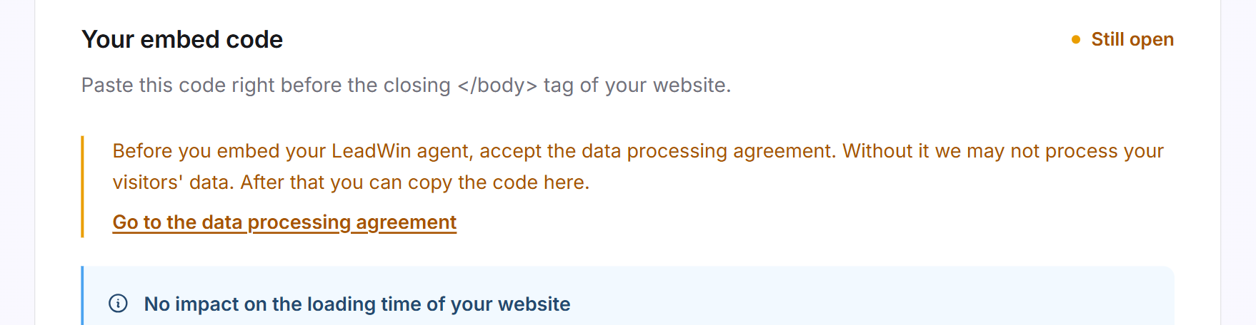 Le message jaune dans la carte Ton code d'intégration qui te demande d'accepter le contrat de sous-traitance avant l'intégration, avec le lien Voir le contrat de sous-traitance