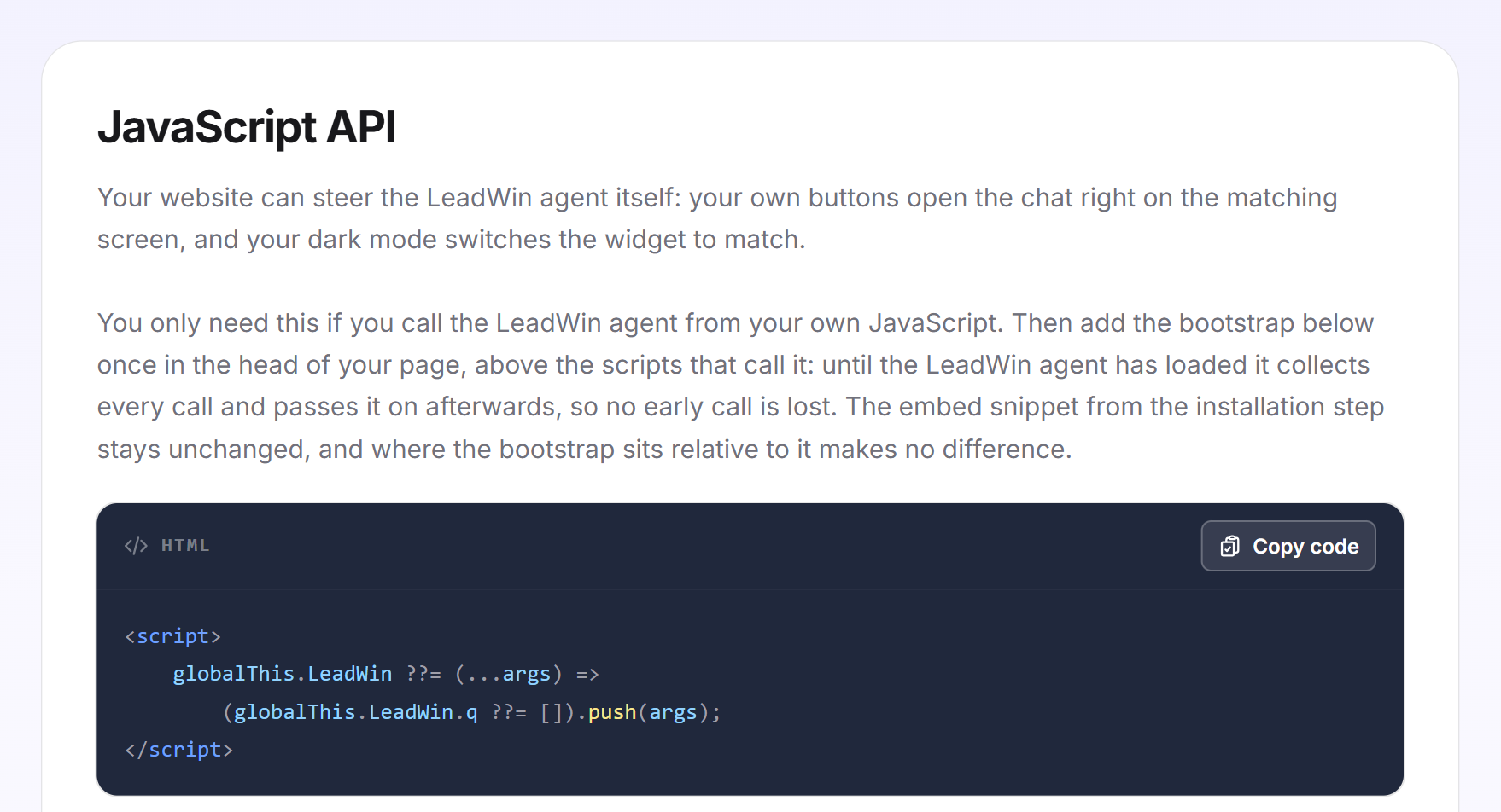 The JavaScript API card with its introduction and the bootstrap as a code example with the Copy code button