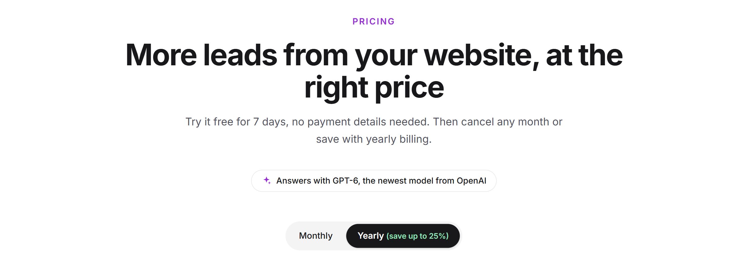 The top of the LeadWin pricing page with the heading, a note on the AI model and the switch between Monthly and Yearly