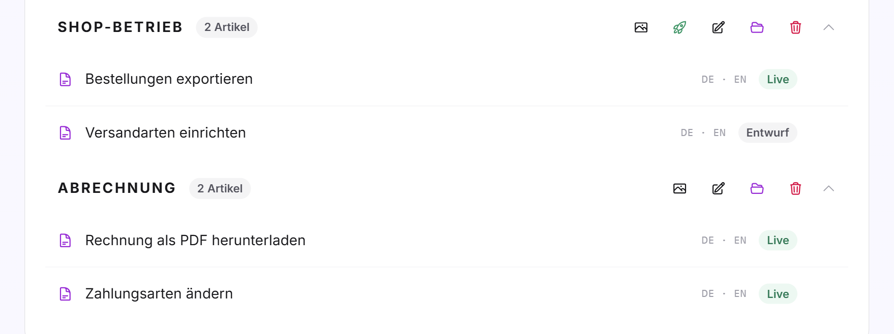 Der Kategoriebaum mit zwei Kategorien, der Zahl ihrer Artikel, den Symbolen zum Bearbeiten und Artikeln mit den Status Entwurf und Live