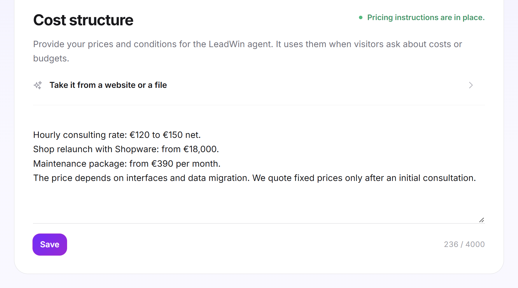 The Cost structure card with the collapsed section Take it from a website or a file, a text field filled with prices and the character counter