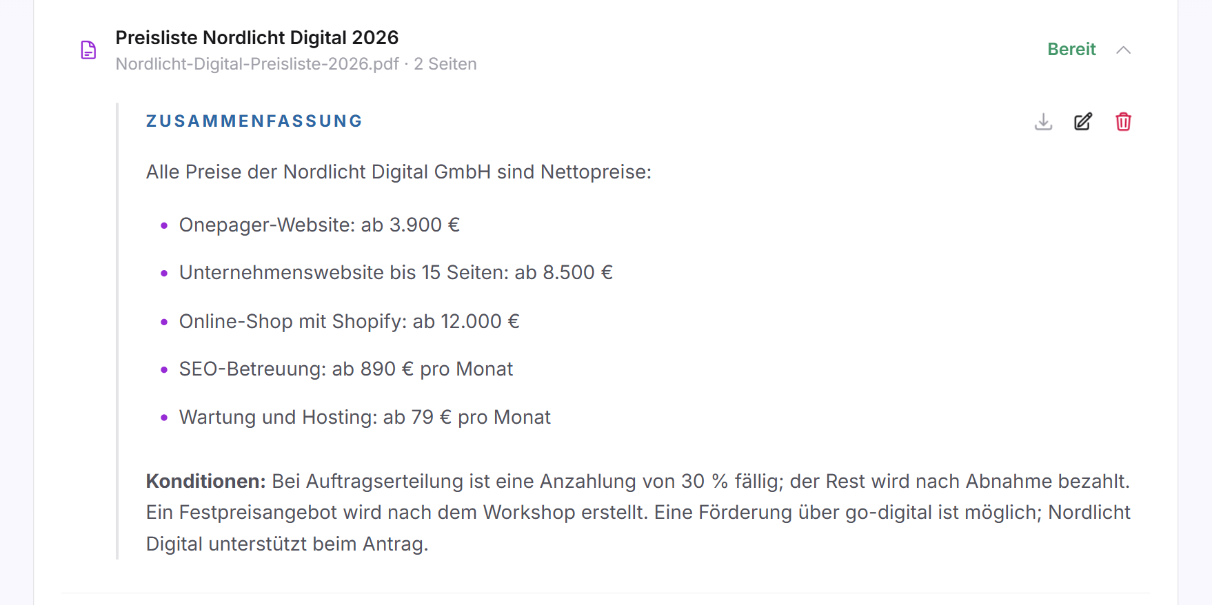 Ein aufgeklapptes Dokument mit Titel, Seitenzahl, Zusammenfassung und den Symbolen zum Herunterladen, Bearbeiten und Löschen