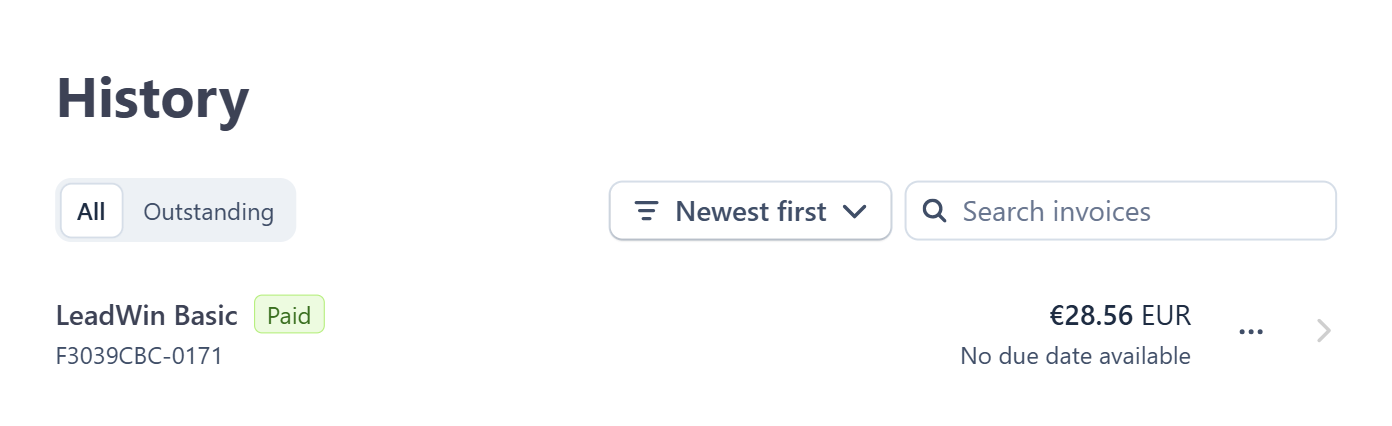 The History in the customer portal with a paid LeadWin Basic invoice