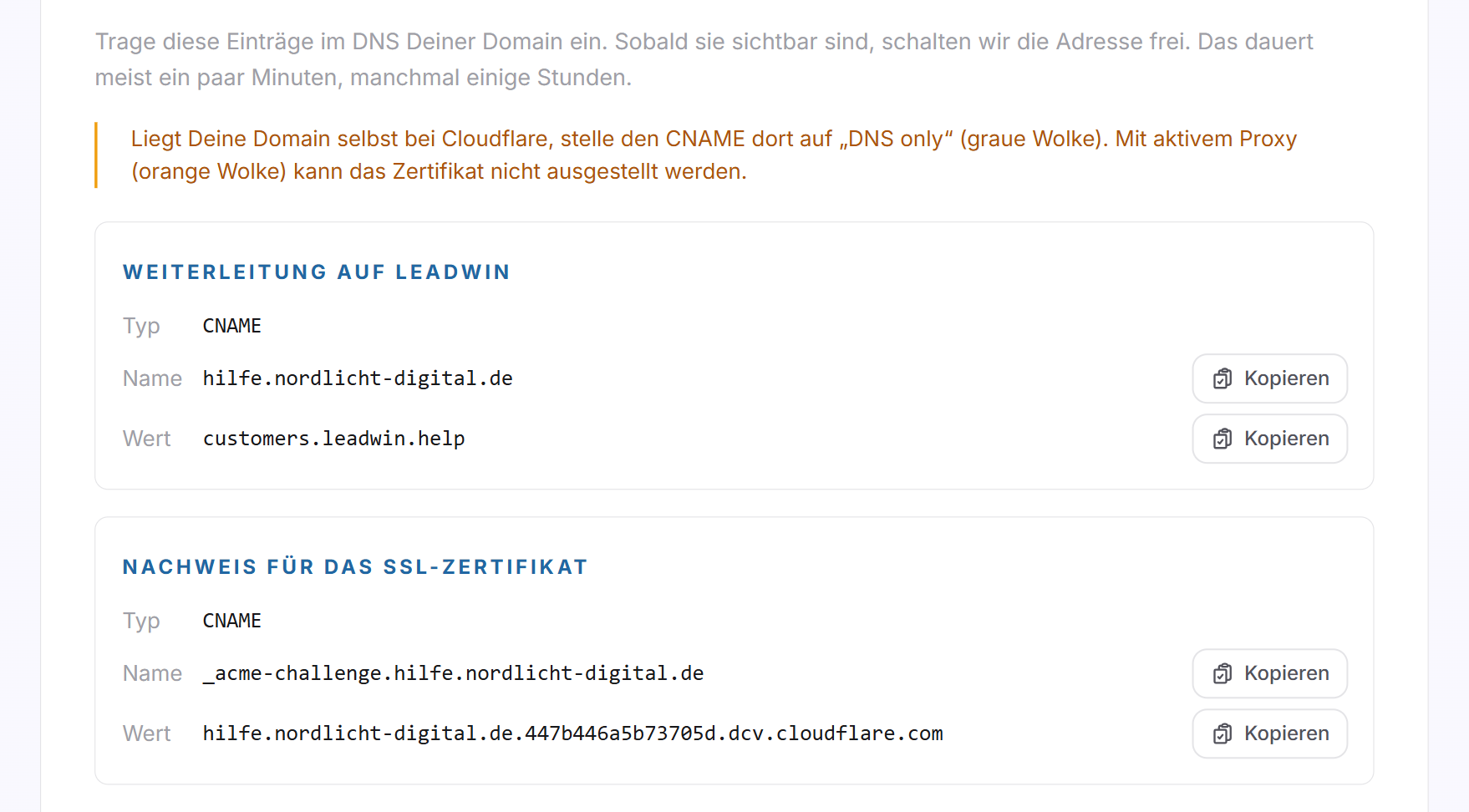 Die DNS-Einträge für die eigene Subdomain mit Typ, Name und Wert, darüber der Hinweis für Domains bei Cloudflare