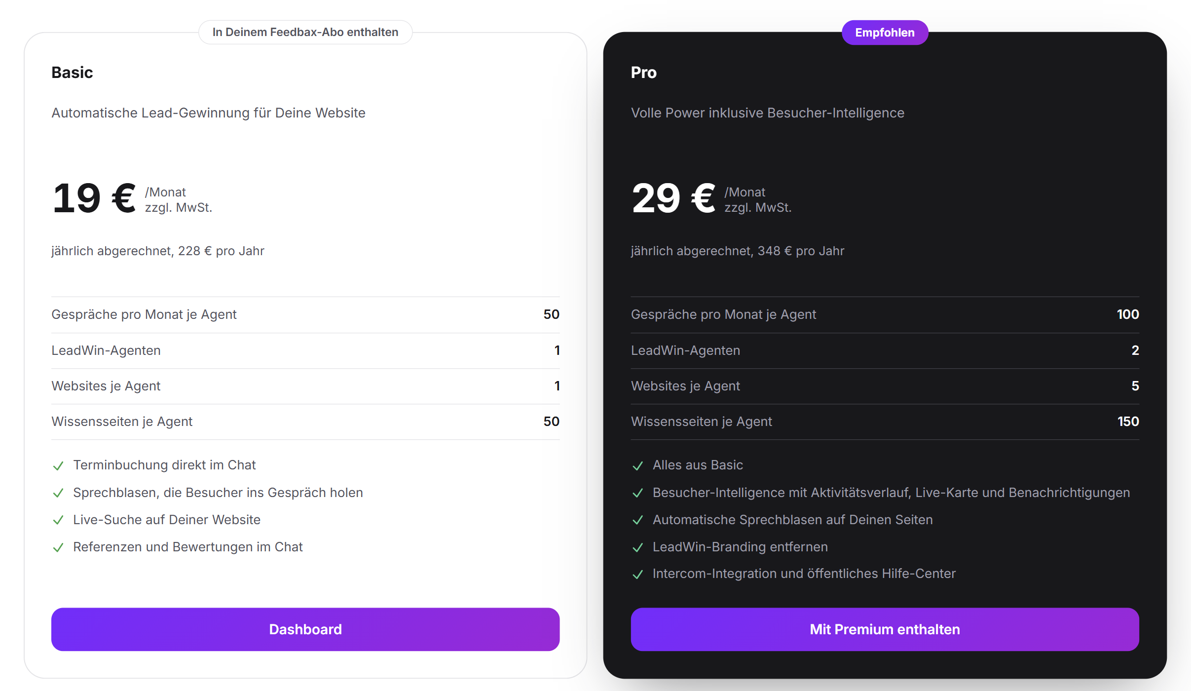 Die Karten Basic und Pro auf der LeadWin-Preisseite für einen Business-Kunden: Basic ist als enthalten markiert, Pro trägt die Schaltfläche Mit Premium enthalten