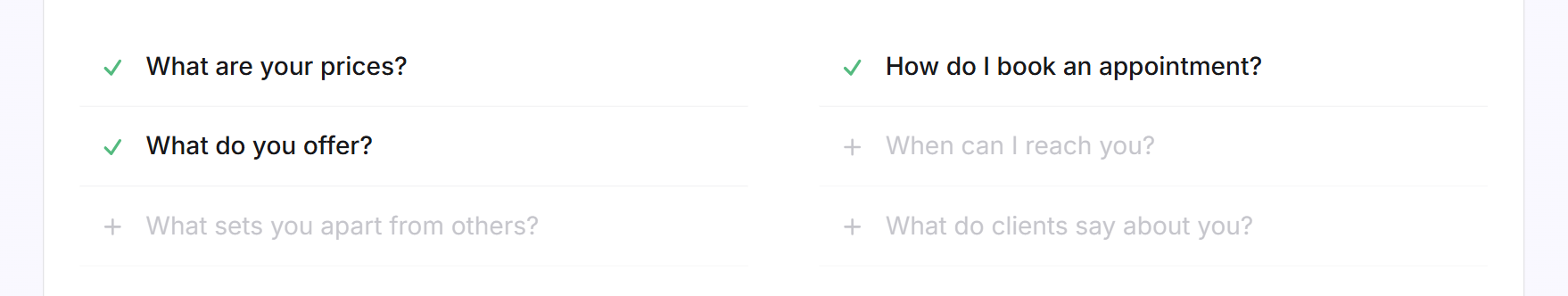 The list of suggestions with three selected questions, each with a green tick
