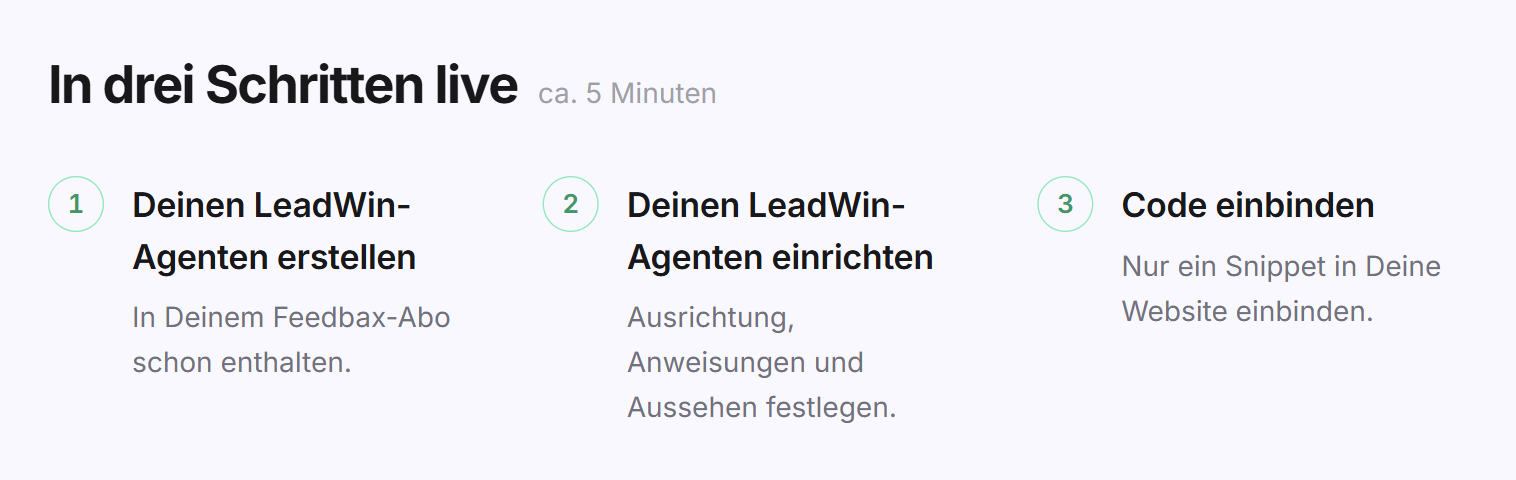 Der Block In drei Schritten live, der erste Schritt heißt Deinen LeadWin-Agenten erstellen und trägt den Hinweis In Deinem Feedbax-Abo schon enthalten