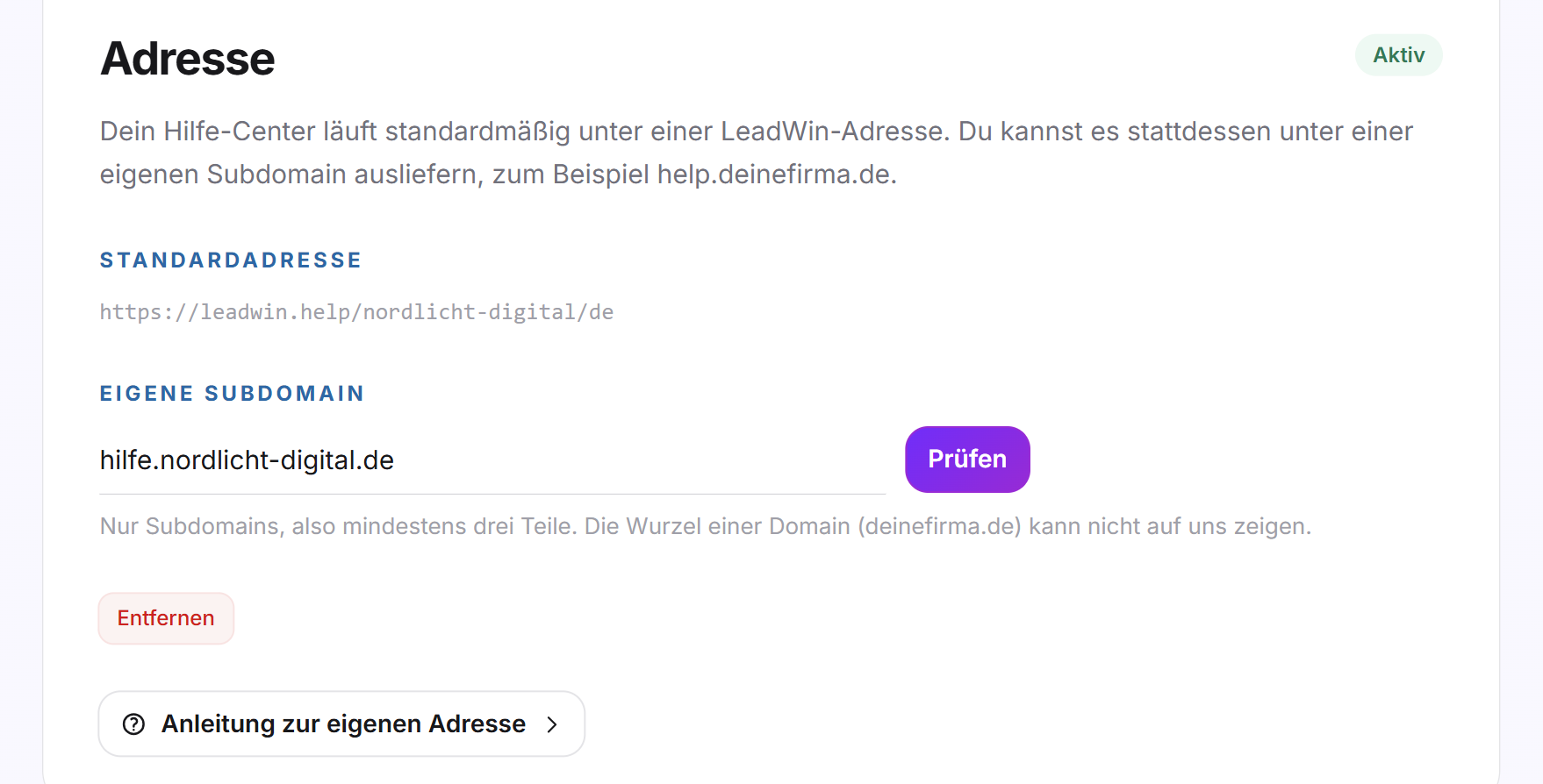 Der Reiter Adresse mit der eigenen Subdomain im Status Aktiv und der Schaltfläche Entfernen
