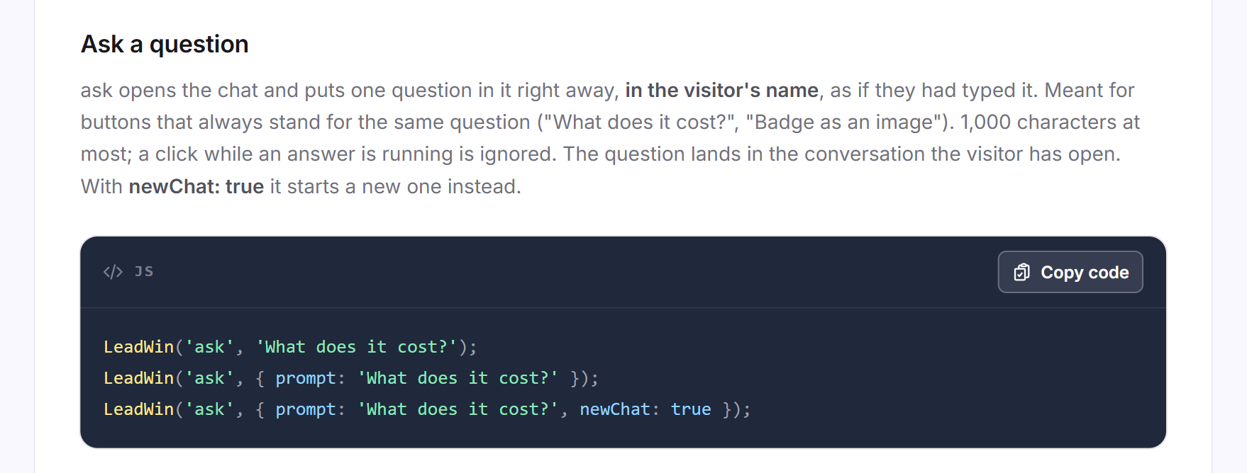 The Ask a question card with three examples for the ask command