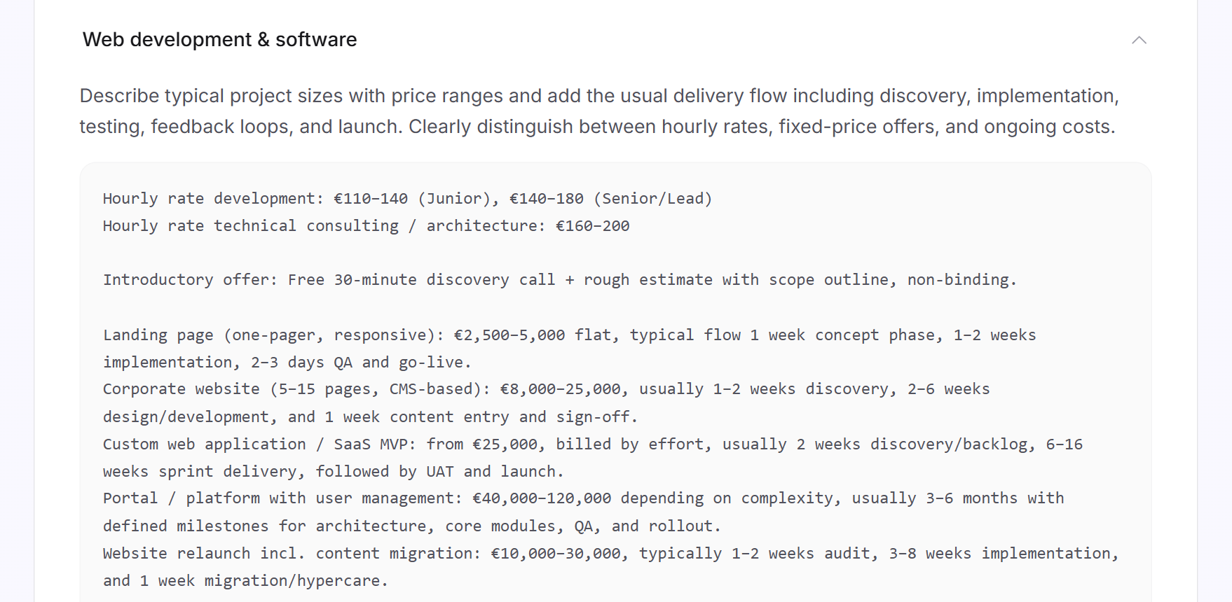 The expanded Web development and software example with hint and the start of the example text