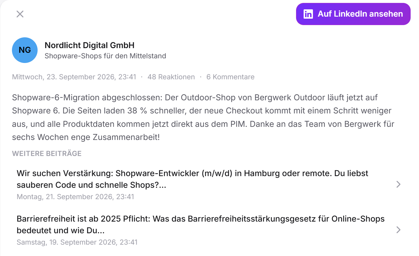 Ein geöffneter LinkedIn-Beitrag mit Text, 48 Reaktionen, 6 Kommentaren, der Schaltfläche Auf LinkedIn ansehen und weiteren Beiträgen darunter