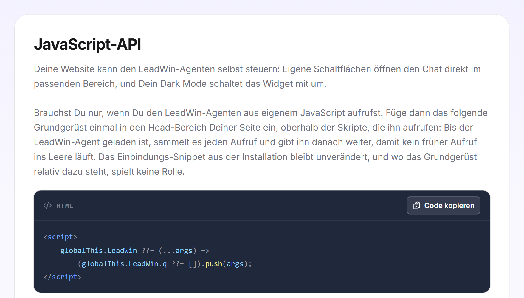 Die Karte JavaScript-API mit Einleitung und dem Grundgerüst als Codebeispiel mit der Schaltfläche Code kopieren