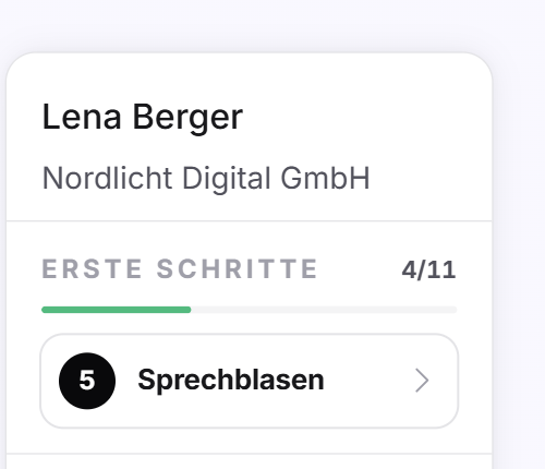 Das geöffnete Kontomenü mit Name, Unternehmen und dem Block Erste Schritte mit Fortschritt und nächstem Schritt