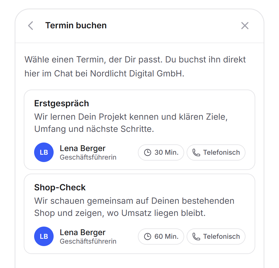 Die Terminbuchung in der Live-Vorschau mit den Terminarten Erstgespräch und Shop-Check, jeweils mit Ansprechpartnerin, Dauer und Kanal
