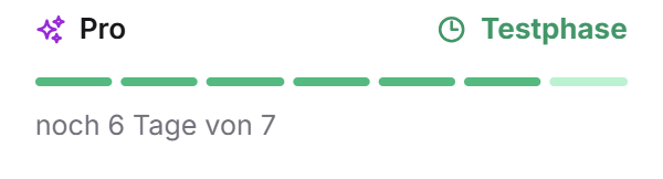 Der Block der Testphase im Menü Nutzung mit dem Namen Pro, der Kennzeichnung Testphase, sieben Tagesmarkierungen und dem Satz noch 6 Tage von 7