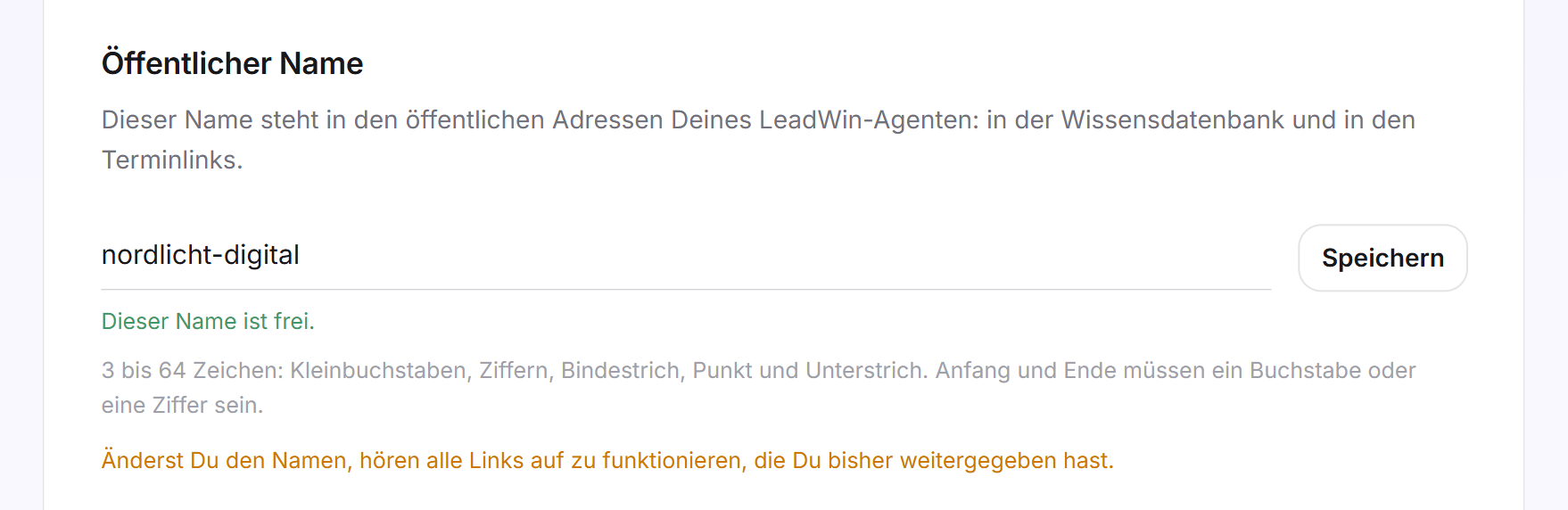 Die Karte Öffentlicher Name mit dem Eingabefeld nordlicht-digital, der grünen Zeile Dieser Name ist frei und den Regeln für den Namen