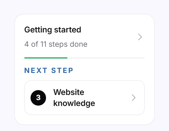 The Getting started card at the bottom left with progress and the Next step row