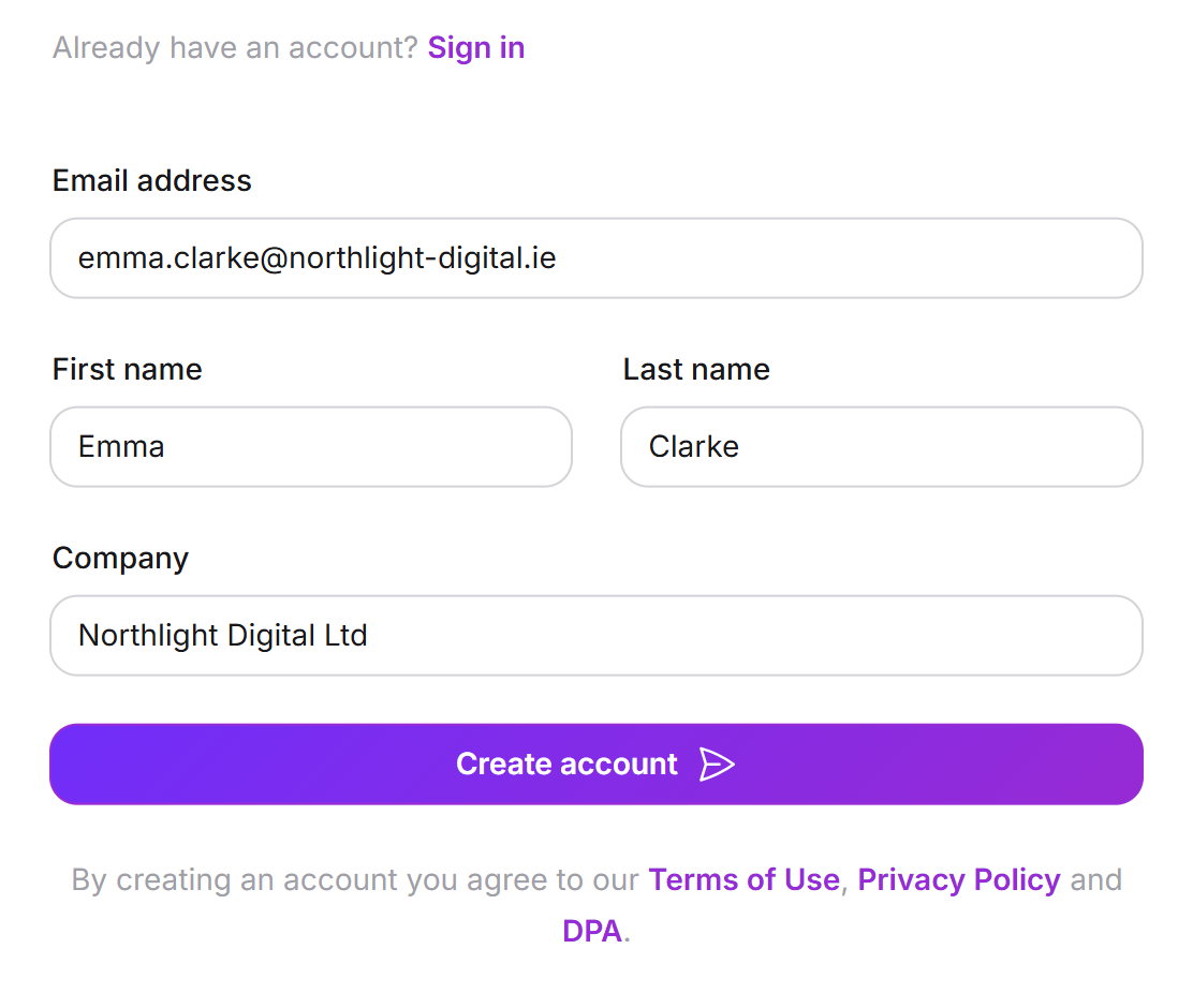 The expanded sign-up form with the fields Email address, First name, Last name and Company, the Create account button and the note on the terms of use, privacy policy and data processing agreement