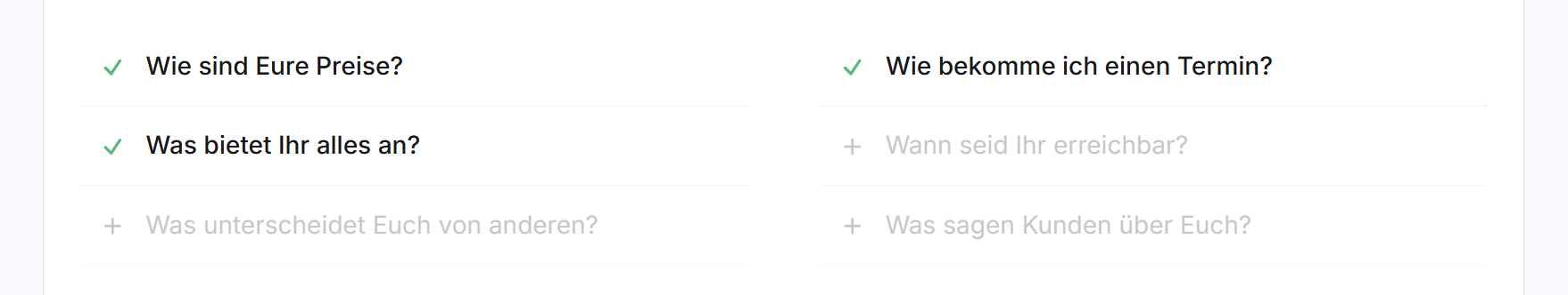 Die Liste der Vorschläge mit drei ausgewählten Fragen, jeweils mit grünem Haken