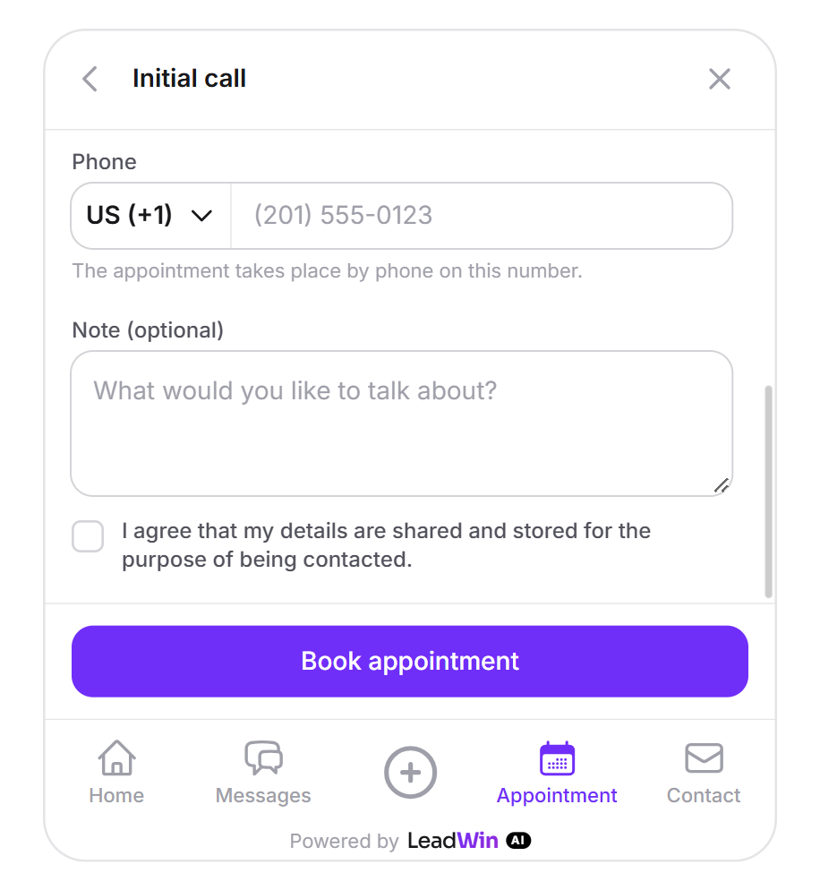 The last booking step Your details with the phone field, the note on the phone call, the note field, the consent and the Book appointment button