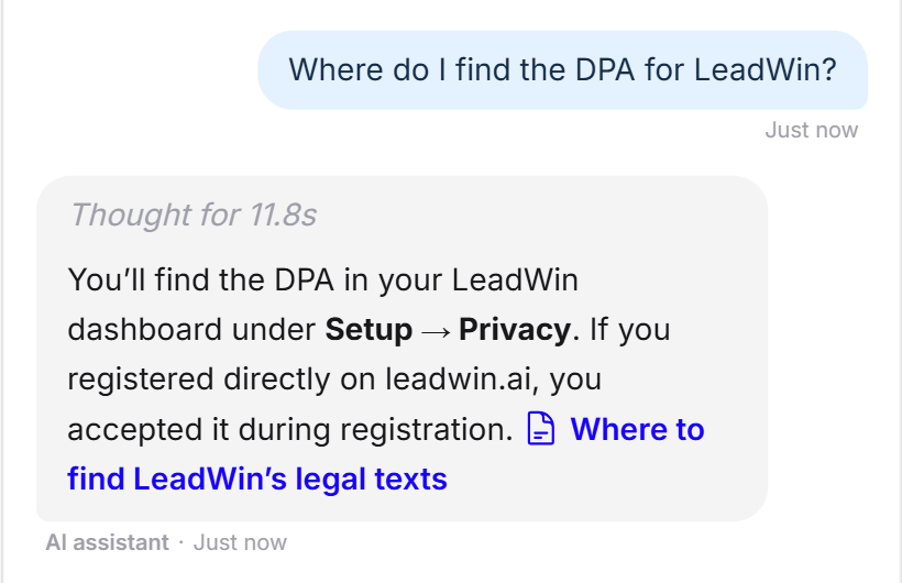 Someone asks where to find the DPA for LeadWin. The LeadWin agent names Setup → Privacy in the dashboard, says the DPA was accepted at registration on leadwin.ai and links the help article on the legal texts