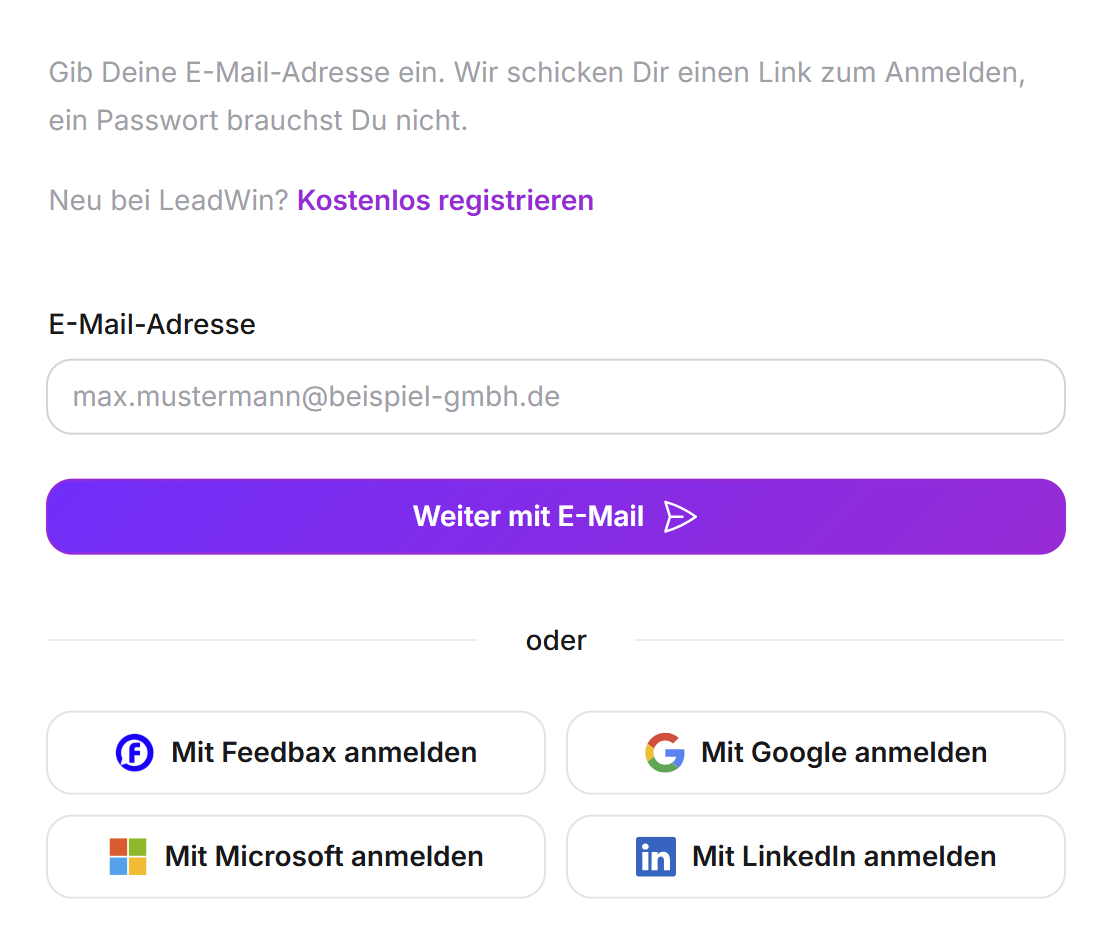 Die Anmeldeseite von LeadWin mit dem Feld E-Mail-Adresse, der Schaltfläche Weiter mit E-Mail und darunter den Schaltflächen Mit Feedbax anmelden, Google, Microsoft und LinkedIn