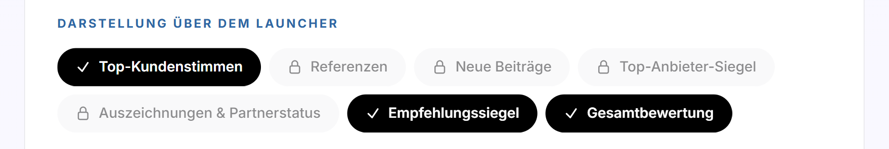 Die Formen unter Darstellung über dem Launcher, drei davon angehakt und vier gesperrt