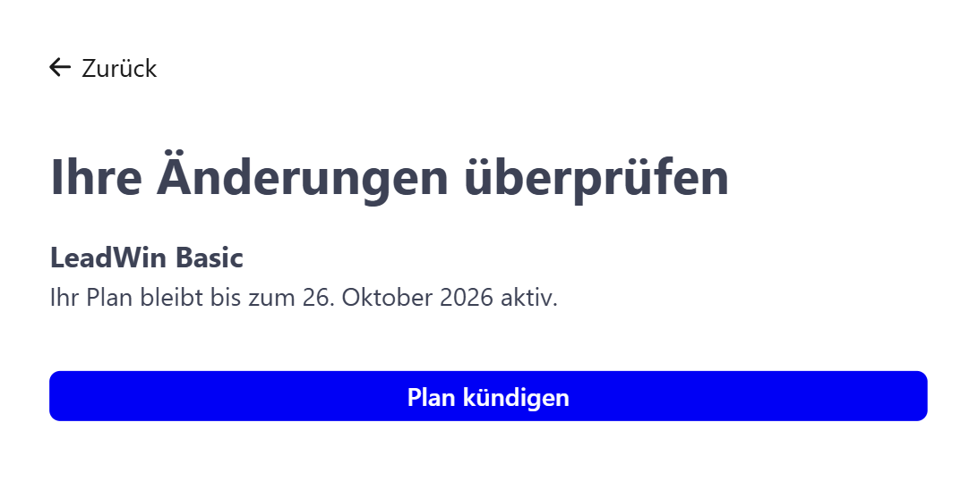 Die Bestätigungsseite im Kundenportal: Ihr Plan bleibt bis zum 26. Oktober 2026 aktiv, darunter Plan kündigen