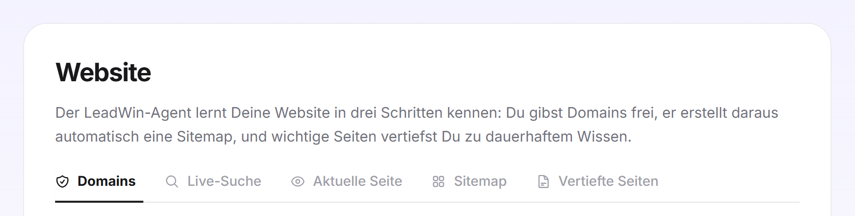 Der Kopf der Karte Website mit Einleitung und den fünf Reitern Domains, Live-Suche, Aktuelle Seite, Sitemap und Vertiefte Seiten
