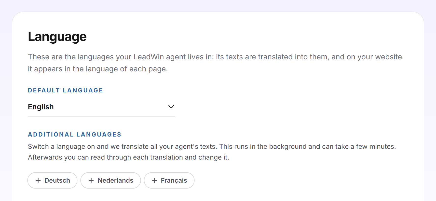 The Language card with the default language English and the buttons for additional languages
