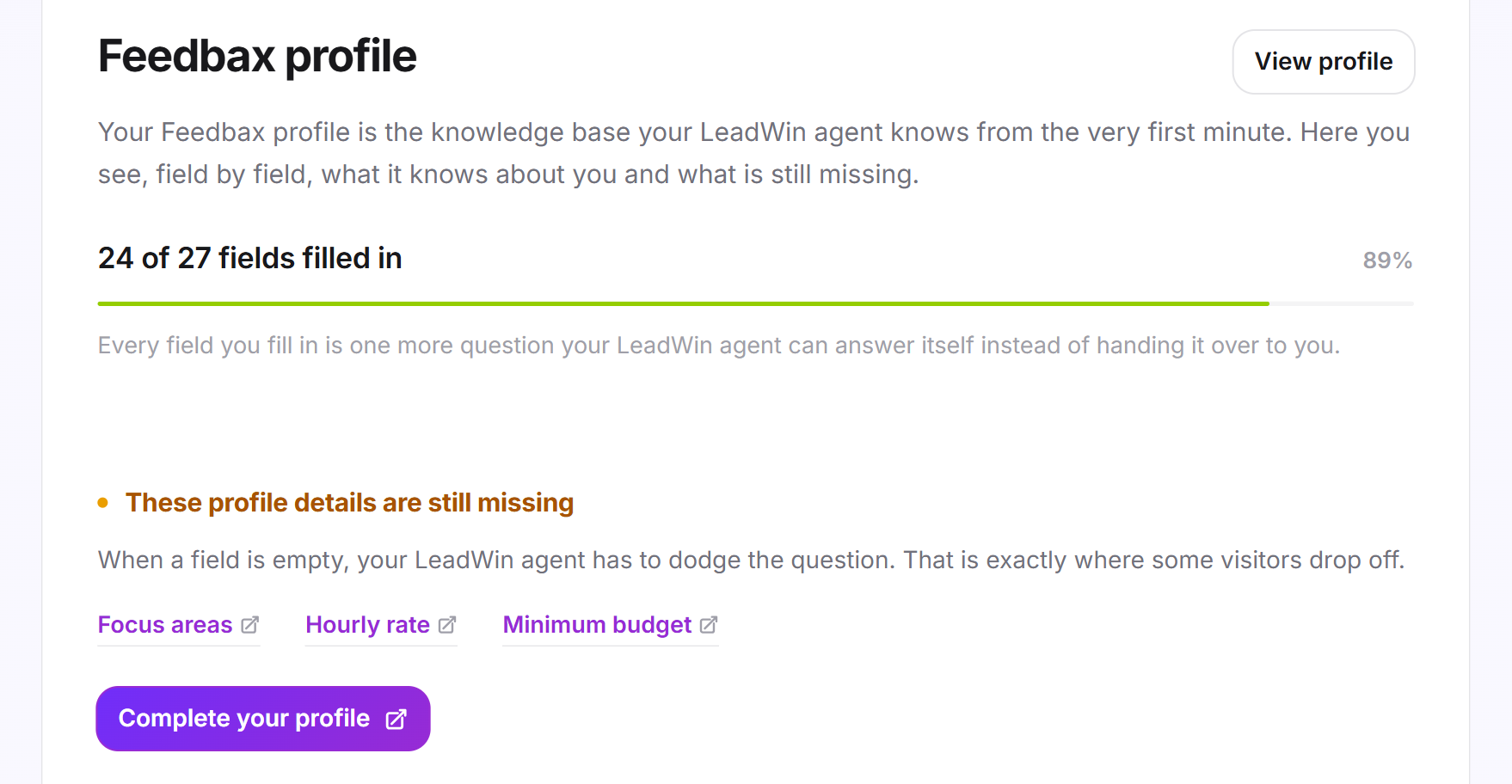 The Feedbax profile page in the Knowledge area with the progress of the details and the first fields