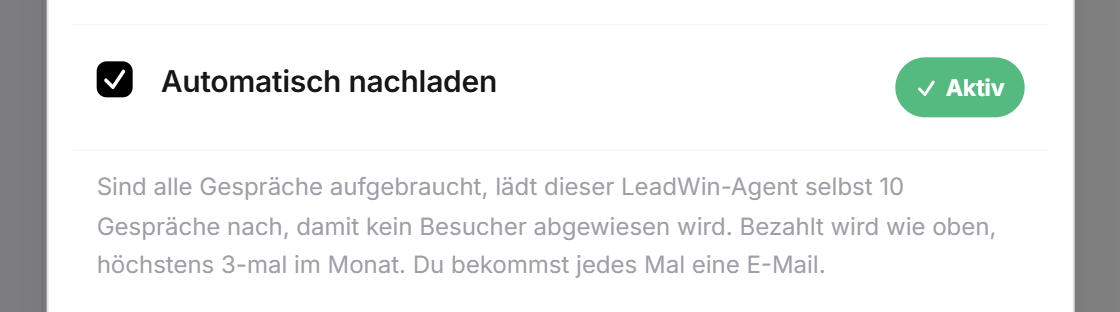 Die Einstellung Automatisch nachladen mit gesetztem Häkchen und der Erklärung, dass höchstens 3-mal im Monat 10 Gespräche nachgeladen werden