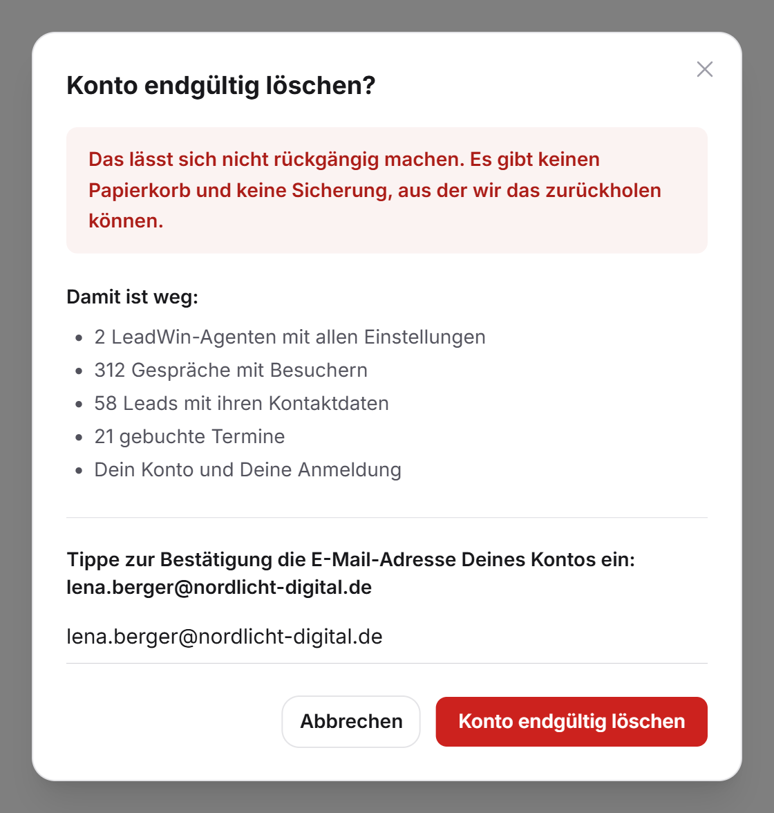 Der Dialog Konto endgültig löschen mit der Warnung, der Liste Damit ist weg und der eingetippten E-Mail-Adresse