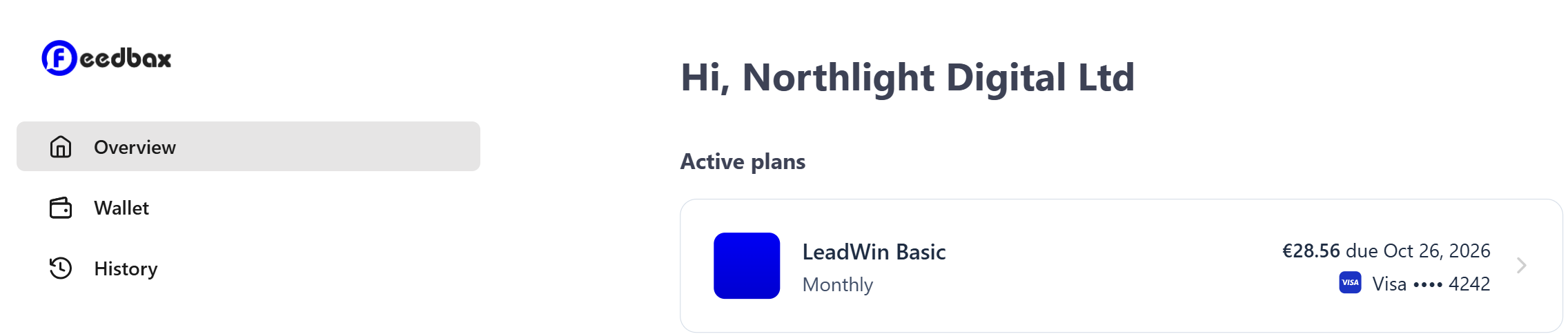 Le portail client avec le logo Feedbax, les sections Vue d’ensemble, Wallet et Historique et l'abonnement actif LeadWin Basic