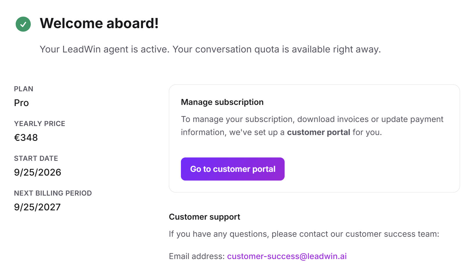 The Welcome aboard confirmation with subscription, yearly price, start date, next billing period and the customer portal box