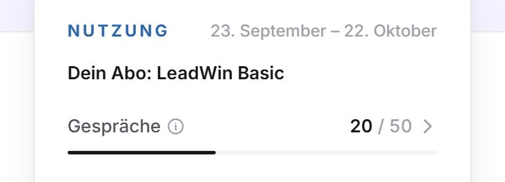 Das Menü Nutzung mit Zeitraum, dem Abo LeadWin Basic und der Zeile Gespräche mit 20 von 50
