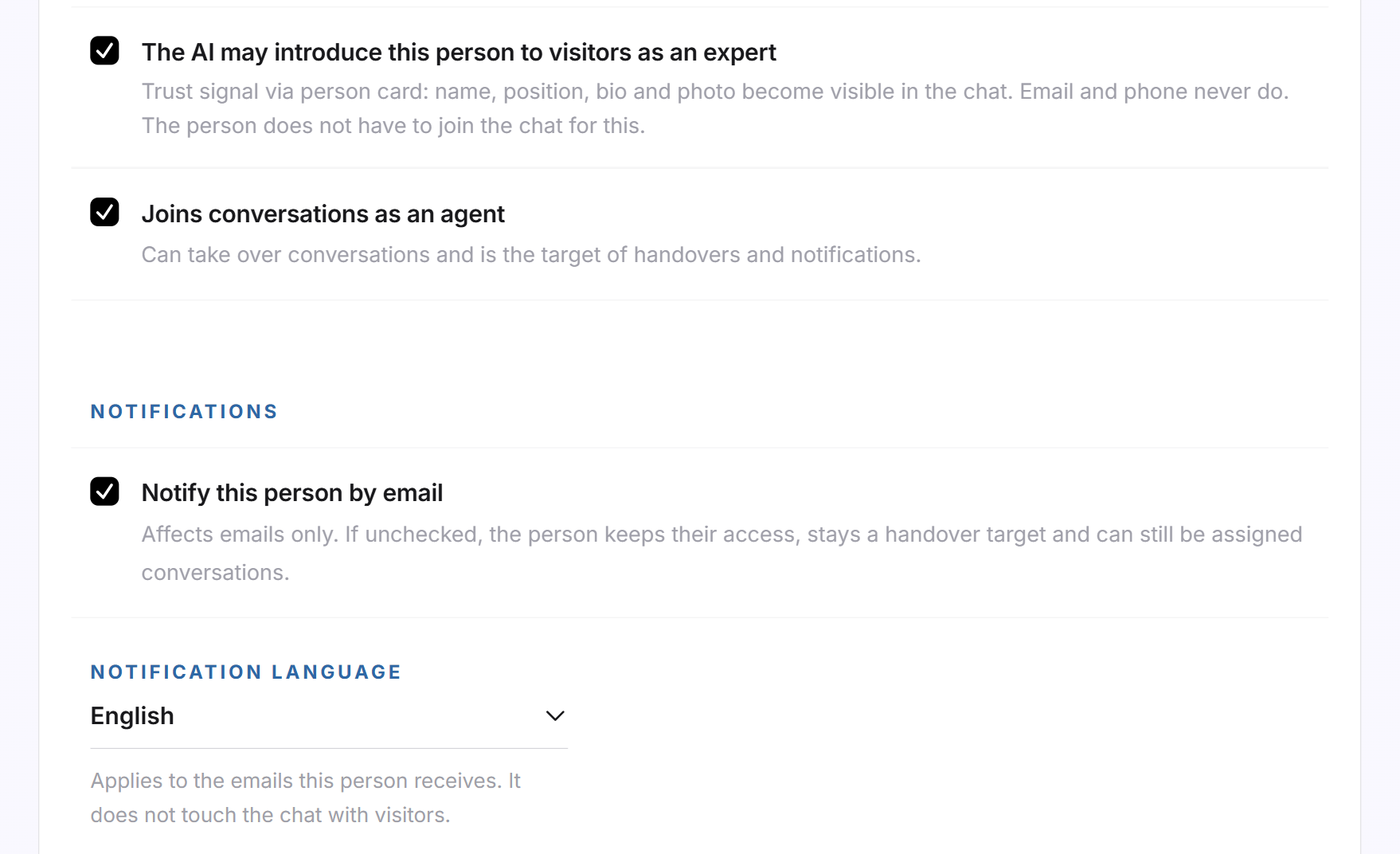 The switches of a person in the team with Joins conversations as an agent, Notify this person by email and the notification language