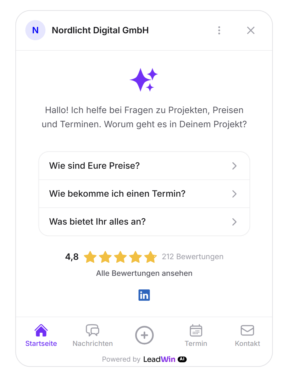 Der geöffnete Chat von Nordlicht Digital mit dem Zeichen N im Kopf, Begrüßung, drei Gesprächseinstiegen und den Reitern Startseite, Nachrichten, Neue Frage, Termin und Kontakt
